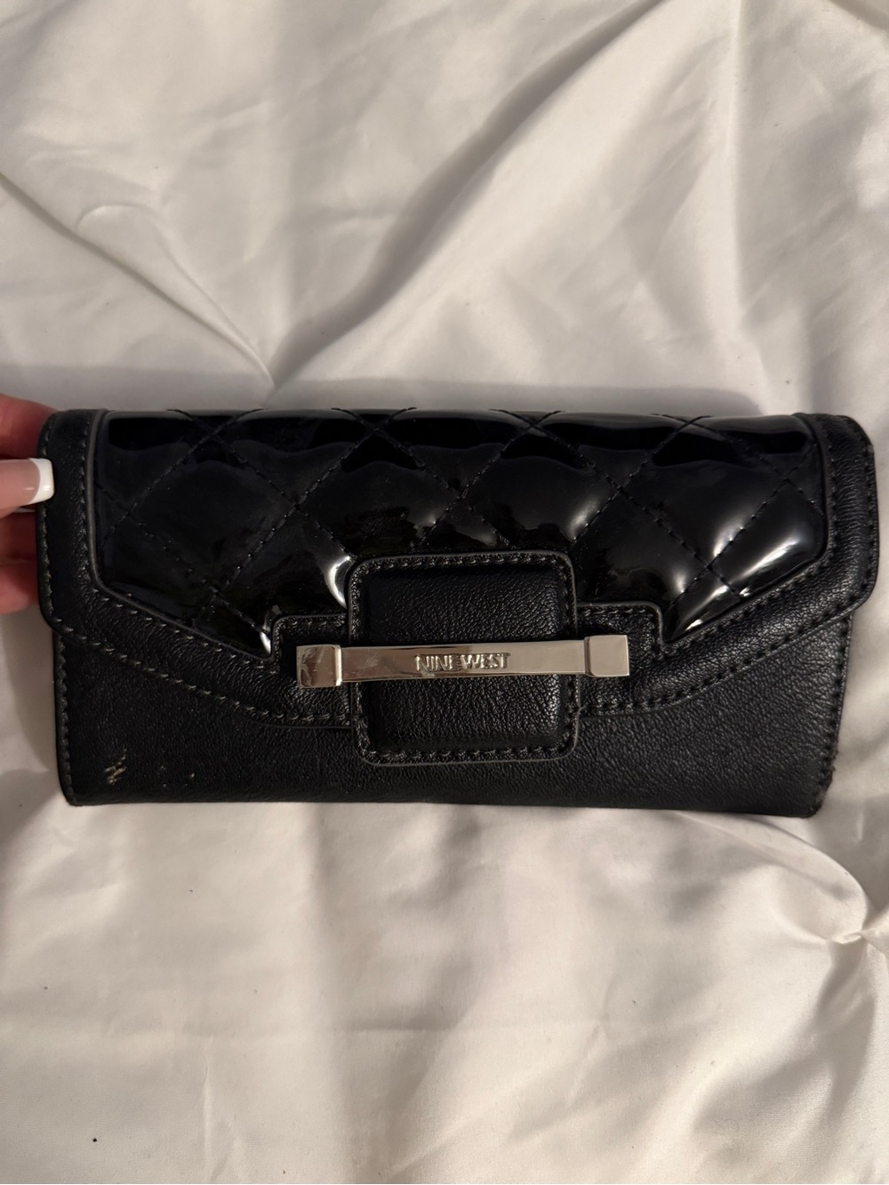 Nine West Black Quilted Patent Flap Wallet Faux Leather